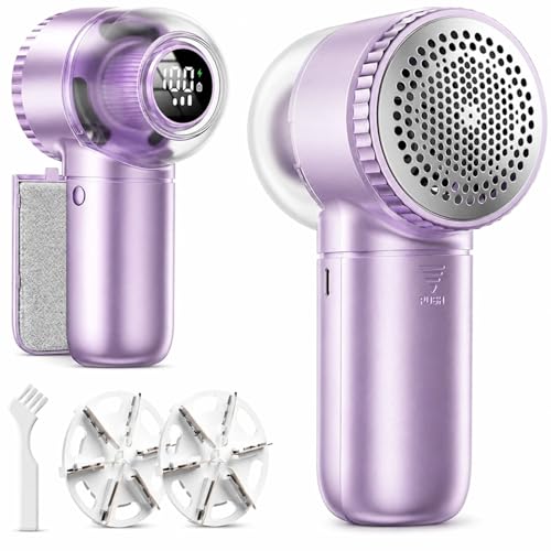 Fabric Shaver with Lint Brush, Large Lint Shaver with Digital Display, 3-Speeds Lint Remover with 6-Leaf Blades, Electric Sweater Shaver to Remove Pilling for Clothes, Furniture - color: Silver-purple