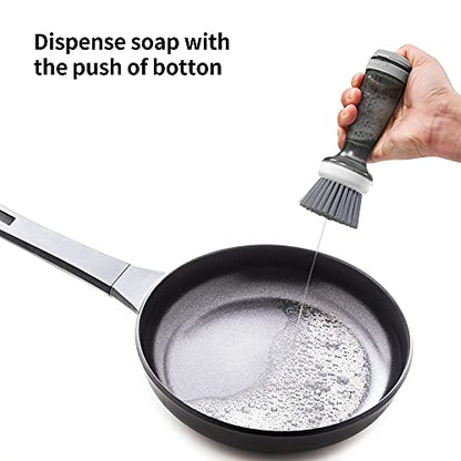 CQT Dish Brush with Soap Dispenser – One-Press Suds, Built-in Scrubbing Pad, Non-Slip Handle for Pots, Pans & Non-Stick Cookware – Includes 2 Refill Heads - color: Gray