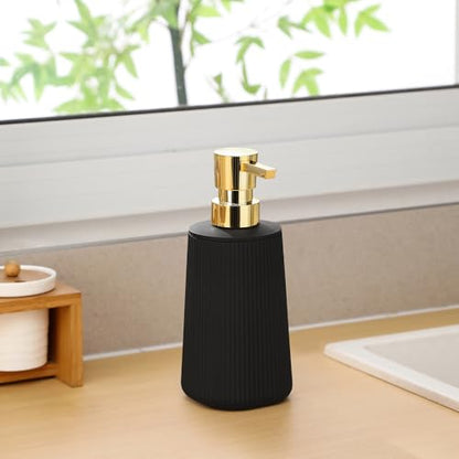 Small Soap Dispenser for Bathroom and Kitchen, Modern Farmhouse Striped Style Plastic Hand Soap Dish Soap Dispenser with Pump Matte Black and Gold - color: Black and Gold
