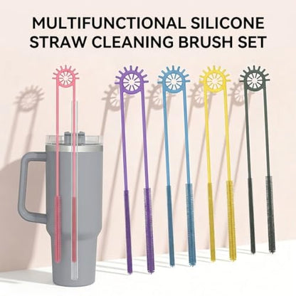 2-in-1 Dual-Ended Silicone Straw Cleaner Brush, Extra Long Reusable Straw Brush for Narrow Metal & Wide Smoothie Straws, Soft Bendable Cleaning Tool for Tumblers, 6mm + 9mm, Pink