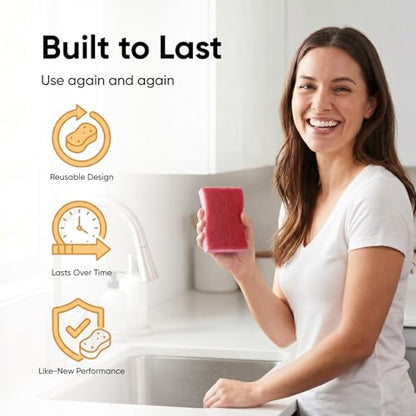 Superio Non-Scratch Cellulose Sponge Kitchen Scrub Sponges with Scouring Pad Set, Good for Non-Stick Cookware Frying Pan, Pot, Counter Top, Sink Scrubbing, Kitchen Scrubbers, Pack of 3, RedPink - color: Red, size: 3-pack
