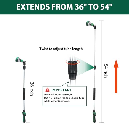Telescoping Watering Wand for Garden Hose, 36”-54” Adjustable, 10 Spray Patterns, Heavy-Duty Hose Nozzle with Thumb Control & Pivoting Head, Ideal for Hanging Baskets and Shrubs, Green - color: Green