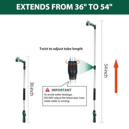 Telescoping Watering Wand for Garden Hose, 36”-54” Adjustable, 10 Spray Patterns, Heavy-Duty Hose Nozzle with Thumb Control & Pivoting Head, Ideal for Hanging Baskets and Shrubs, Green - color: Green