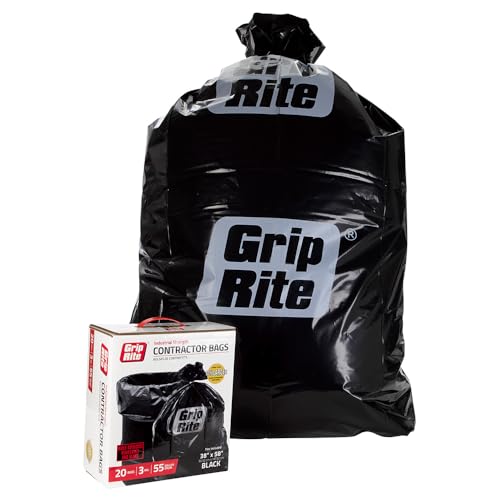 Grip-Rite Heavy Duty Black Contractor Garbage Bags - Durable Trash Bags for Yard Waste, Construction Debris, Lawn Maintenance - 55 Gallons - 38" x 58" - 20 Count - GRHDC55BAG20