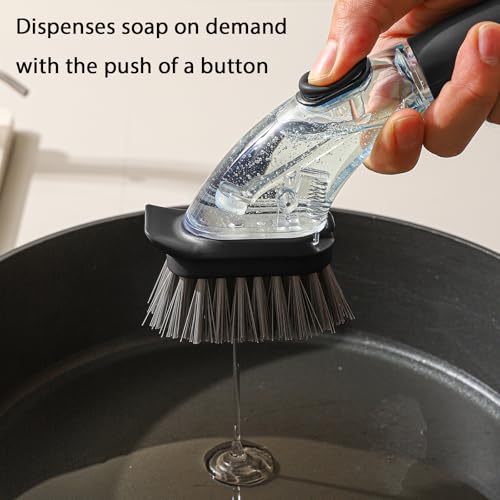 DAPOWER Soap Dispensing Dish Brush with Handle, Kitchen Scrub Brush for Dishes Pots Pans Sink Cleaning (Black)