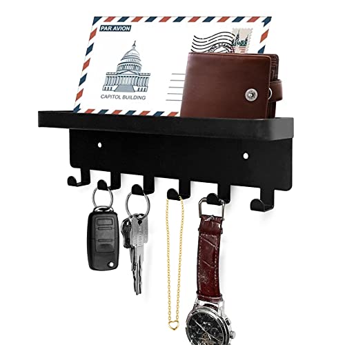 GTK Key Holder for Wall Key Hooks with Tray and 6 Hooks, Wall Mounted Key Holder for Hallway, Key Rack with Shelf for Mail Storage (Black) - color: Black with Tray, size: 6 Hooks