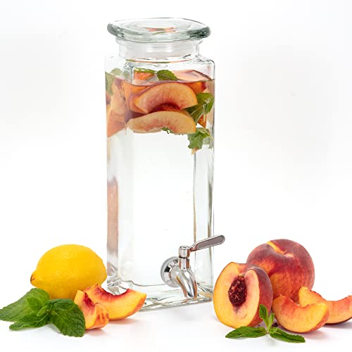 Square Glass Drink Dispenser for Parties - Stainless Steel Spigot + Marker & Label - 100% Leakproof Beverage Dispenser - Liquid Laundry Detergent Dispenser, Water Dispenser, Decorative Pitchers 80oz.