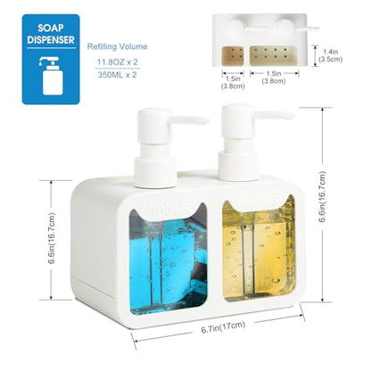 Kitchen Soap Dispenser Set, with Hand and Dish Soap, Sponge Caddy and Brush Holder 4-in-1 Kitchen Dual Soap Dispenser Set for Kitchen Sink, Bathroom - White - color: White