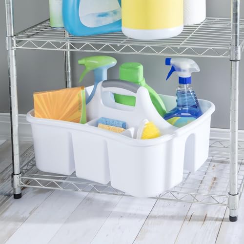 Divided Caddy Easy Carry Handy Plastic Utility Storage Organizer White Multi Compartment Portable Storage Caddy for Bathroom Kitchen Office Cleaning Supplies Makeup Organizer
