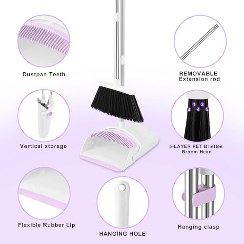 Broom with Dustpan Combo Set for Home, 52-in Long Adjustable Handle Angle Broom and Dustpan Set with Dustpan Comb Teeth for Sweeping Pet Hair Food Dirt Kitchen (White-Purple) - color: White-purple