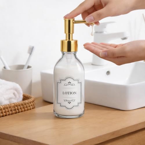 8 oz Clear Glass Pump Bottle, 250ml Small Lotion Dispenser Bottle for Body Massage Oil, Refillable Empty Hand and Dish Soap Dispensers Set with Plastic Golden Pump, Labels - 2 Pack - color: Clear With Golden Pump