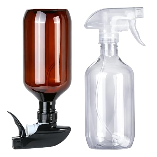 2 Pack 360° Spray Bottles, 16 oz Plastic Small Containers with Adjustable Spray Nozzles, Spray Bottles for Hair, Cleaning Solutions, BBQ and Plants Amber&Clear - color: Amber&Clear, size: 16 Ounces