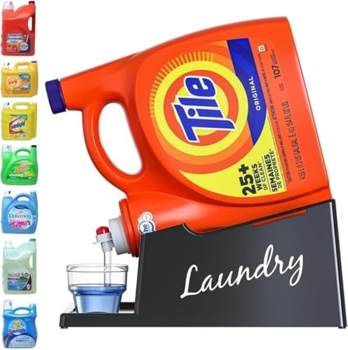 TidyFriend Liquid Laundry Detergent Holder Stand with Drip Tray & Rubber-Grip Feet, Stand for Laundry Room Organization and Storage, Fabric Softener Dispenser with Cup Holder (Black with Print) - color: Black/White Print