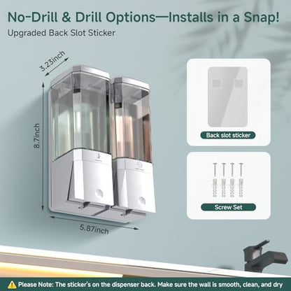 Shampoo and Conditioner Dispenser 2 Chamber No Drill Shower Soap Dispenser Wall Mounted Shampoo Conditioner Body Wash Dispenser 2 * 500ml Refillable Shower Dispenser for Bathroom Hotel, Silver - color: Silver 2 Chamber