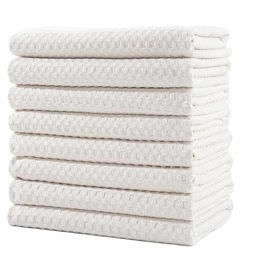 POLYTE Ultra Premium Microfiber Kitchen Dish Hand Towel Waffle Weave, 8 Pack (16x28 in, Off White) - color: Off White, size: 16x28 in