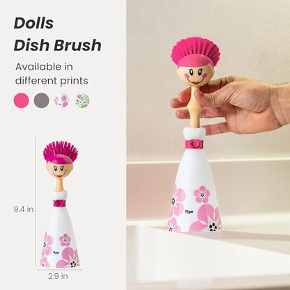 Vigar Dolls April Dish Brush with Ergonomic Handle and Dres-shaped Storage Holder - Scrub Brush for Pans, Pots, Kitchen Sink Cleaning, White, Pink - color: White, Pink