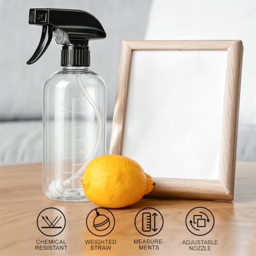 Spray Bottles 16oz 2 pack — 360° Any-Angle Spraying, Mist & Stream Plastic Empty Water Sprayer, with Measurements & Weighted Straw, Leak-Resistant for Cleaning Solutions, Planting, Hair + Funnel - style: 16oz, 2 pack