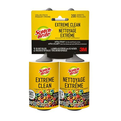 Scotch-Brite Extreme Clean Lint Roller, 50% Stickier, Heavy Duty Pet Hair and Debris Remover, 4 in x 54.9 ft Each, 4 Pack, 400 Easy Tear Sheets Total