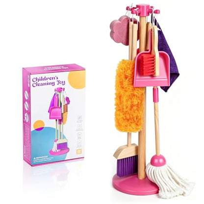 Masthome Wooden Kids Cleaning Set, 8 Pcs Toddler Housekeeping Pretend Play Toys, Broom Mop Dustpan Duster Cleaning Tools with Storage Stand, Educational Life Skill Play Kit for Boys GirlsAges 3+