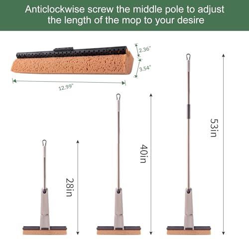 Eyliden Sponge Mop with 2 Reusable Heads, Self-Wringing Floor Absorbent Mop | 13" Honeycomb Sponge, Quick Wring, Home Commercial Use, Kitchen Bathroom Hardwood Laminate Tile Marble Floors Cleaning