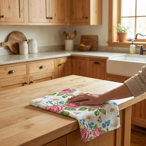 Waffle Kitchen Towels Set of 2 - Ultra Absorbent Quick Dry Dish Towels - Sustainable Reusable Cleaning Tea Towels - Lightweight Hand Towels for Kitchen & Bathroom, 16” x 28” (Plants) - style: Plants
