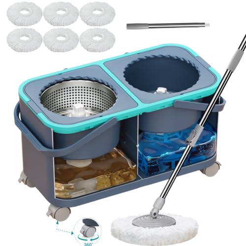 Mop and Bucket Set with Clean & Dirty Water Separation, Spin Mop with 360° Wheels & Drain, 6 Microfiber Heads,Adjustable Handle for Pet Owners, Kitchen, Bathroom, Hardwood & Tile Floors - color: Grey/Blue