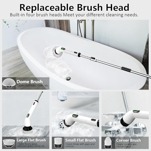 TUYU Electric Spin Scrubber, Full-Body IPX7 Waterproof Bathroom Scrubber,4 Replacement Head for Adjustable Extension Handle Electric Cleaning Brush for Bathroom, Tub, Tile