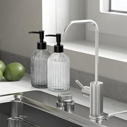 Black & Clear Glass Soap Dispenser with Plastic Pump, 13.5oz Vertical Stripe Design Hand Soap Dispenser for Dish Wash, Refillable Lotion Dispenser for Bathroom and Kitchen - color: Transparent Black & Clear