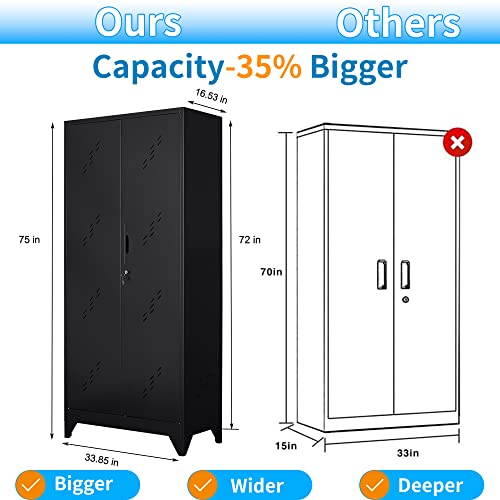 VASAAOSD 75" Metal Storage Cabinet with Lock, Tool Cabinets with Hooks, Heavy-Duty Garage Storage Cabinet for Utility Room, Gym, Basement, Broom Closet, Black - color: 75"h Dark Black