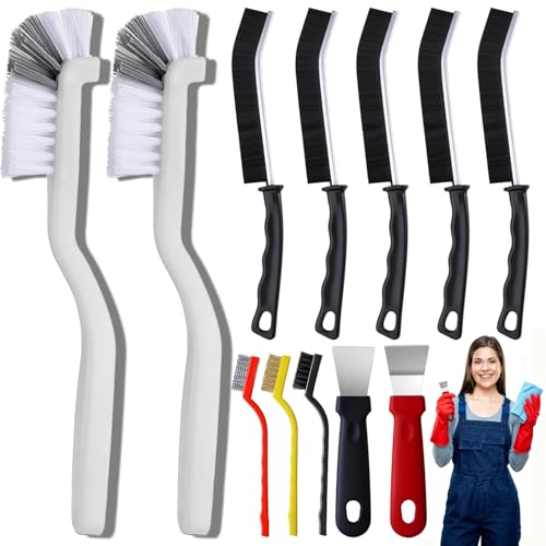 12Pcs Crevice Cleaning Brush Set, Multifunctional Recess Grout Hard-Bristle Cleaning Brush Supplies for Sink, Bathroom, Window, Corner, Bottle, Teapot for Oven Cleaning Tool Non-Scratch - color: 12pcs Clean Brushes( Flat-top Included)