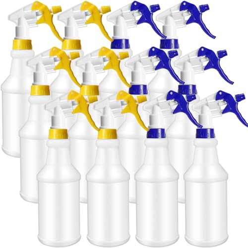 Eccliy 12 Pcs 16 Oz Plastic Spray Bottle, Adjustable Empty Reusable Sprayer for Cleaning, Planting, Water, Bathroom and Kitchen, BBQ, Commercial and Residential (Original,Blue,Yellow) - color: Yellow, Blue, size: Original