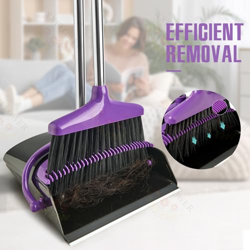 Broom and Dustpan Set with Long Handle, Light Weight Stainless Steel Poles Stand Upright Dustpans with Broom Combo for Home Kitchen Office Pet Dog Hair, 1-Pack (Purple) - color: Purple