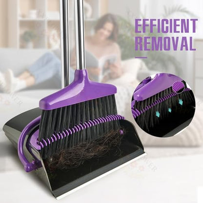 Broom and Dustpan Set with Long Handle, Light Weight Stainless Steel Poles Stand Upright Dustpans with Broom Combo for Home Kitchen Office Pet Dog Hair, 1-Pack (Purple) - color: Purple