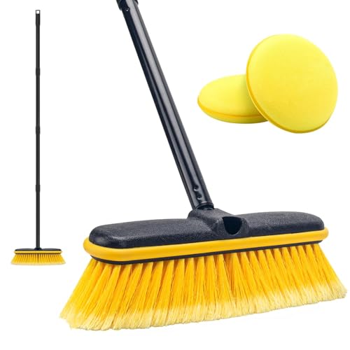 Car Wash Brush with Long Handle, 55'' Vehicles Exterior Washing Supplies, Soft Bristle Scrub Broom for Solar Panel, Boat, RV, Truck, Deck Cleaning, 2 Wax Applicator Pads Included