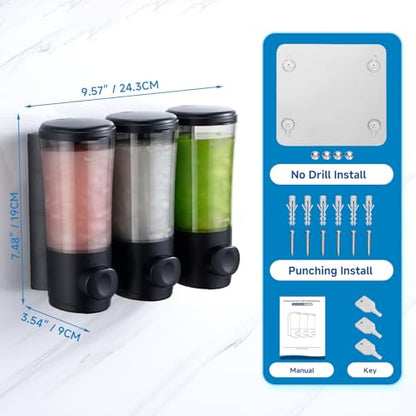 Shampoo and Conditioner Dispenser No Drill Shower Soap Dispenser Wall Mounted Shower Dispenser 3 Chamber with Upgrade Smooth Pump Head Bathroom Body Wash Soap Dispenser Set 450ml*3 Black - color: Black 3 Chamber