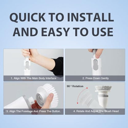 Electric Spin Scrubber - Cordless Cleaning Head with 6 Replaceable Brushes - 90° Rotatable - Ideal for Floor, Window, Cars - Ivory White