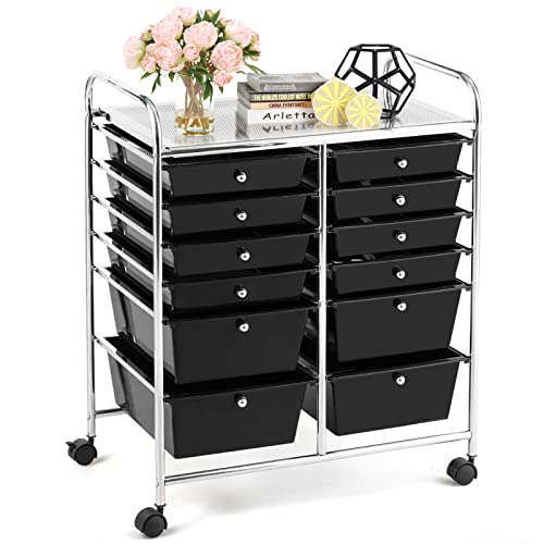 DREAMADE Rolling Cart with Storage Drawers, Utility Cart with Removable Plastic Drawers, Lockable Wheels, Art Cart for Classroom Organization Art Supplies Office Scrapbook (12 Drawers, Black) - color: Black, style: 12 Drawers