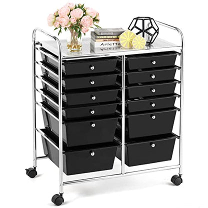 DREAMADE Rolling Cart with Storage Drawers, Utility Cart with Removable Plastic Drawers, Lockable Wheels, Art Cart for Classroom Organization Art Supplies Office Scrapbook (12 Drawers, Black) - color: Black, style: 12 Drawers