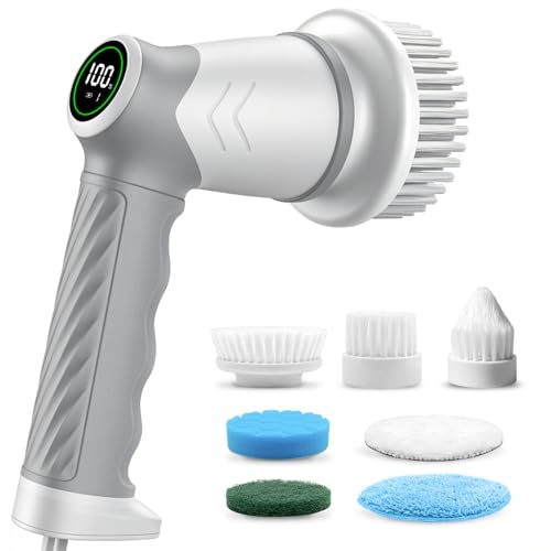DAESUNG Electric Spin Scrubber, New Electric Bathroom Brush with 7 Replaceable Heads, Power Scrubber with LED Display, Electric Scrubbers for Cleaning Shower, Tile, Grout, Sink - color: A-white
