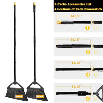 Heavy Duty Broom Outdoor and Indoor, 2 Pack Commercial Angle Brooms with Longer Handle, Perfect Black Broom for Garage, Kitchen, Courtyard, Restaurant - color: 2 * Black