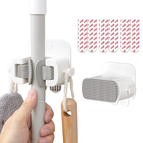 TAILI Mop and Broom Holder Wall Mount Grippers, 2 Hangers and 6 Adhesive Strips, Damage Free Hanging Wall Mount, Household Cleaning Organizer for Organization and Storage, Holds up to 4 lbs, Grey - color: Grey, size: 2 Pack