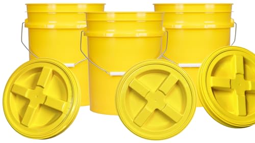 House Naturals 5 Gallon Plastic Food Grade BPA Free Made in USA Bucket Pail with Air Tight Double Gasket Screw on Lid(Pack of 3) (Yellow and Yellow lids) - color: Yellow and Yellow Lids