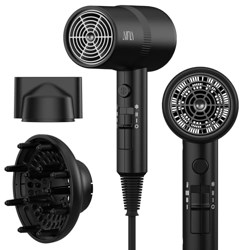 AINA Hair Dryer with Diffuser, Blow Dryer for Women | Advanced Ionic Technology, Ceramic Coating | Cold Shot Features Turbo Heat for Fast Drying and Shine 110V/ALCI (Vader Black) - color: Vader Black, size: 3 Piece