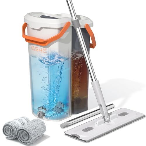 Flat Mop and Bucket Set with Wringer, Hands-Free Floor Mop System | Hands-Free Wringing, Wet & Dry Microfiber Pads, Wall & Floor Cleaning, Detachable Stackable Bucket