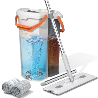 Flat Mop and Bucket Set with Wringer, Hands-Free Floor Mop System | Hands-Free Wringing, Wet & Dry Microfiber Pads, Wall & Floor Cleaning, Detachable Stackable Bucket