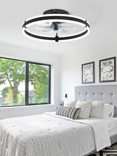 ZMISHIBO Ceiling Fans with Lights and Remote, 19.7'' Low Profile Ceiling Fan, 3000-6000K Dimmable Modern Flush Mount LED Fan Light, 6 Wind Speeds, Black Fandelier Ceiling Fans for Bedroom - color: Black, size: 19.7 INCH