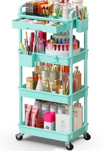 SUNALLY Makeup Cart Organizer with Drawers, 4 Tier Floor Skincare Organizers for Vanity, Rolling Makeup Bathroom Storage Cart Cosmetics Display Cases for Skin Care Perfume Nail Polish, Blue - color: Blue, size: 4 Tier