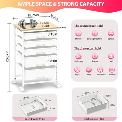 Goovilla Rolling Cart with Drawers, Utility Cart Organizer With 5 Removable Drawers and Wooden Tabletop, Lockable Rolling Storage Organizer for Art, Classroom, Home, Dorm, Office, Craft Storage, White - size: White
