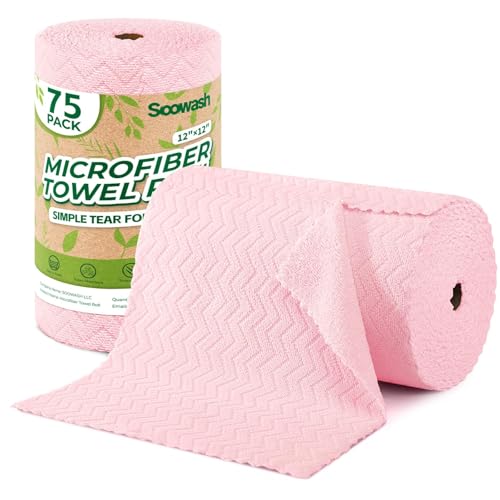 Microfiber Cleaning Cloths Roll, 75 Pack Tear Away Microfiber Towels Roll, 12" x 12" Lint Free Rags, Reusable Cleaning Cloths, Washable, Scratch Free,Ultra Absorbent Dish Rags(Pink Ripple) - color: Pink Ripple, size: 75 pack