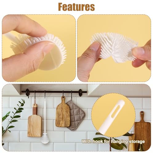 360° Silicone Bottle Brush, Soft Bristle Cup Cleaner Brush Long Handle Flexible Water Bottle Cleaning Brush for Lid Teapots Bowls Containers Narrow Area (White)